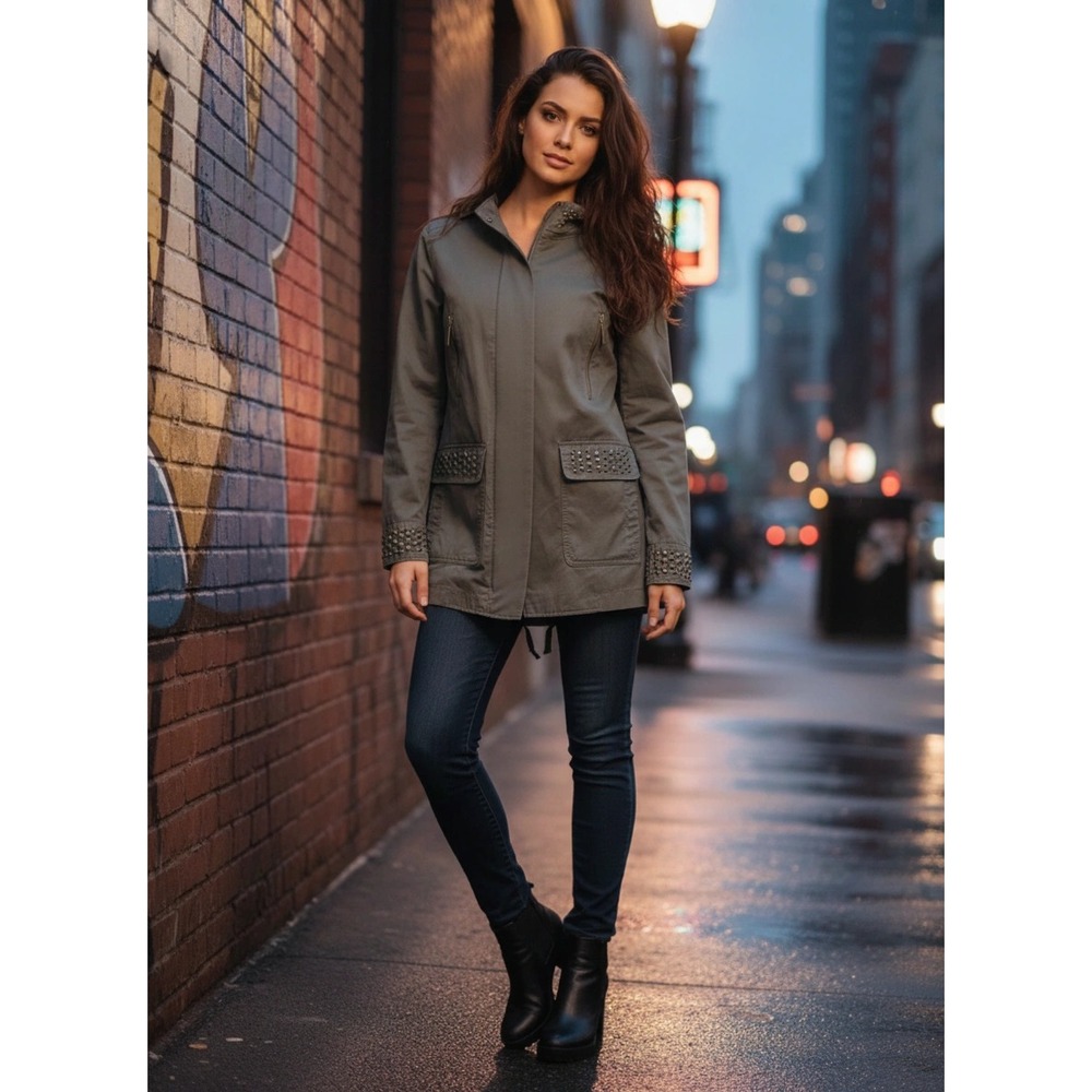 Vince Camuto Studded Hooded Utility Jacket Womens Medium Olive Green